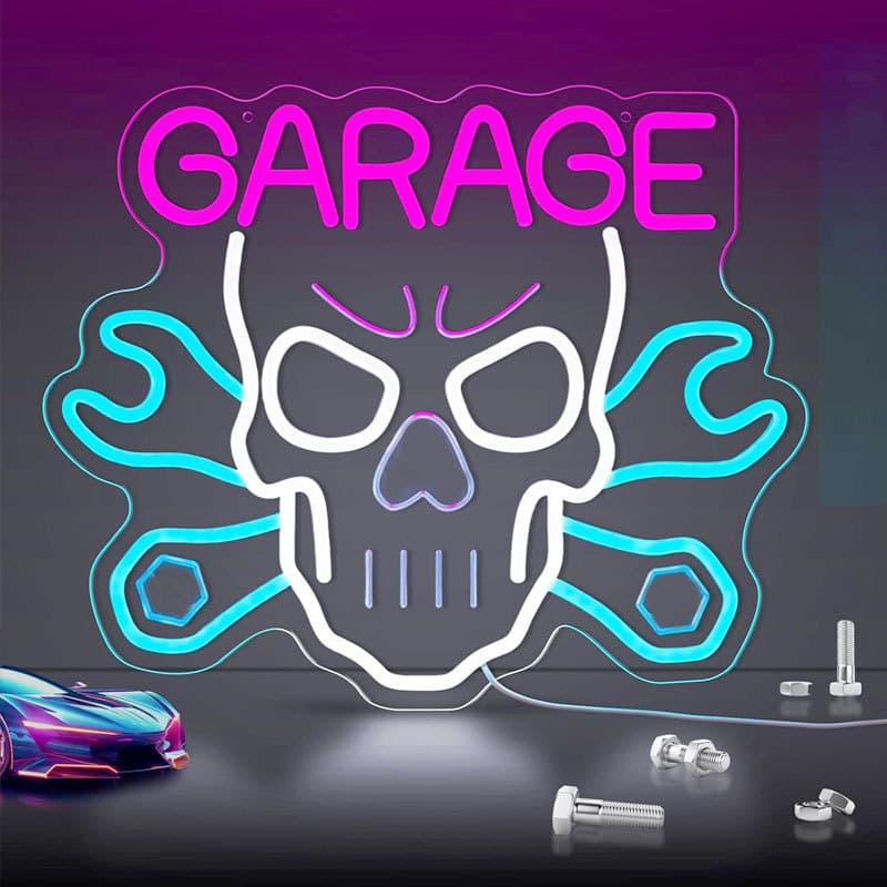 Garage Neon Sign, Skull Car Service LED Neon Sign, USB Dimmable