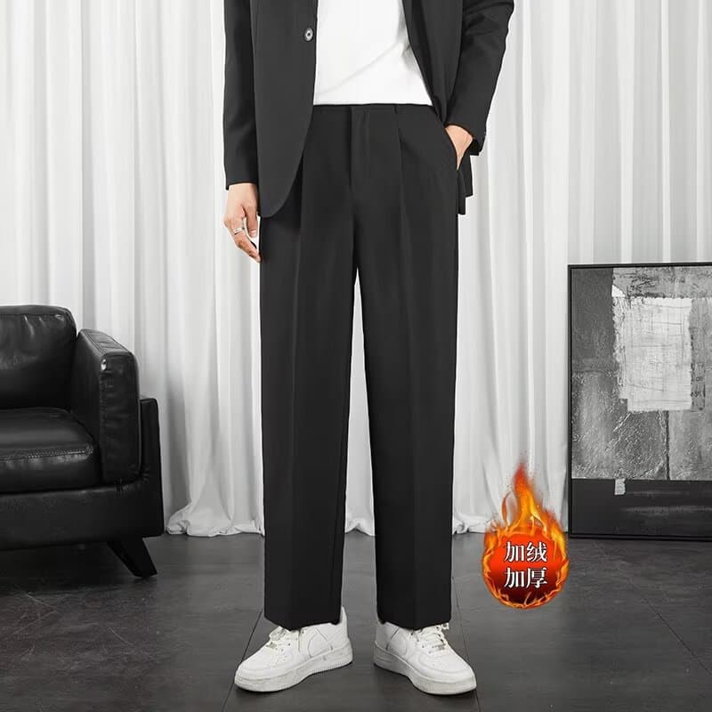 Fleece-Lined Suit Pants for Men, Straight Leg Loose High-End Drape Spring/Autumn/Winter Small Suit Pants, Men's Wide Leg Casual Long Trousers