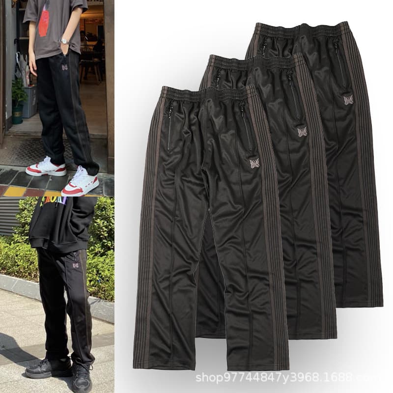 Needles Track Black Brown Striped Webbing Butterfly Embroidery Sport Casual Japanese Style Pants for Men