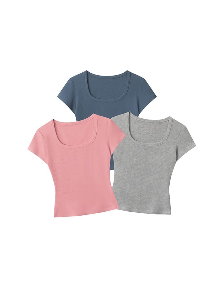 HeyHenry Square Collar Spice Girl Summer Shoulder Short-sleeved Top Women's 2025 New Slim-fit Slimming Low U-neck T-shirt