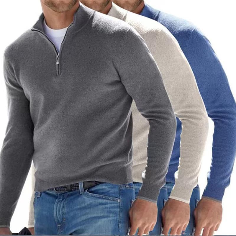 2023 independent site Amazon new style autumn long sleeve V-neck wool blend zip men's casual top polo shirt