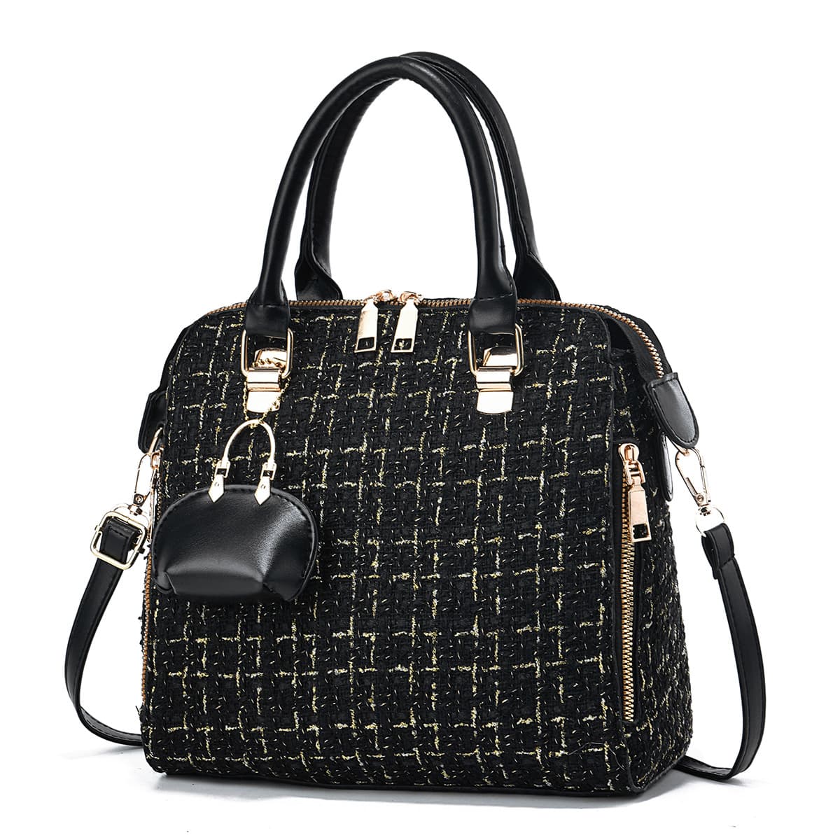 Cross-border Hot Selling Chanel-style Tweed Handbag with Mini Charm, Shoulder Bag for Commute, Fashionable Crossbody Bag for Women