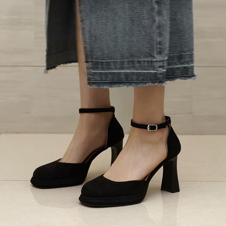 Elegant Chunky Heel Suede Soft Leather High Heels for Women 2025 Spring Waterproof Platform Thick Sole Pointed Toe Ankle Strap Shallow Mouth Pumps