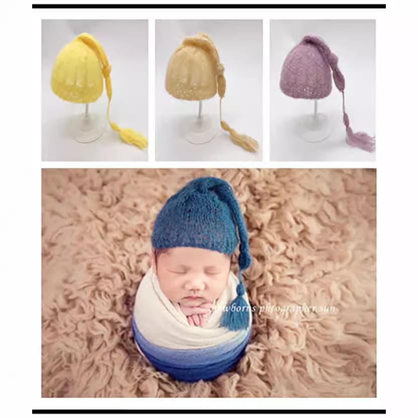 Cross-border supply of new children's photography clothing, full-month newborn photography, mohair long tail hat, long tail sword spike