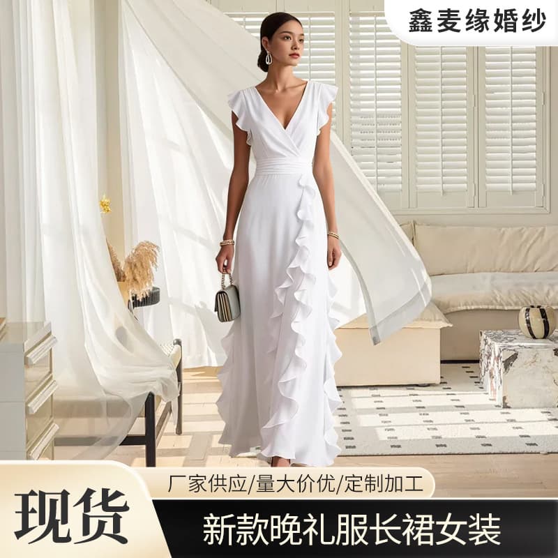 Solid Color Wave Pleated Party Evening Dress Cross-border European and American Fashion V-Neck Chiffon Elegant Sleeveless Evening Dress Party Skirt