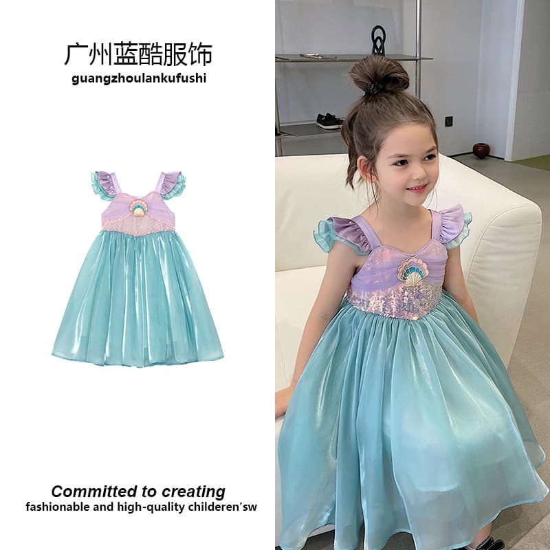 Girls Summer Mermaid Vest Dress Short Sleeve Princess Skirt Performance Costume Trendy Children's Clothing Korean Style Cotton Blend