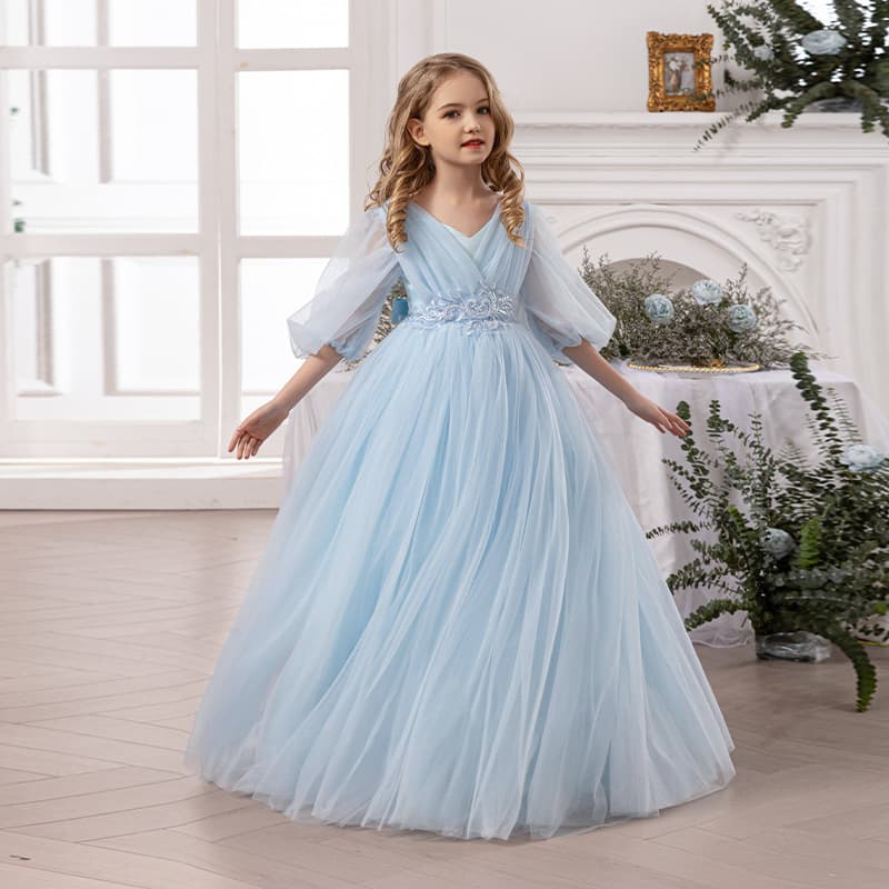 Cross-border Supply Little Girl Birthday Party Evening Dress Piano Performance Fluffy Long Skirt Girl Wedding Flower Girl Dress