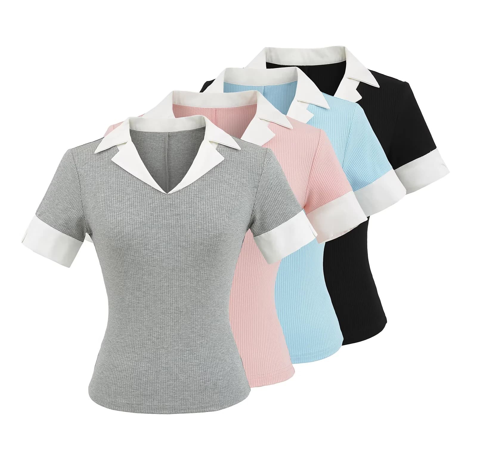 American Polo Neck Short Sleeve T-Shirt for Women Vintage Design Waist-Cinching Faux Layered Two-Piece Casual Top