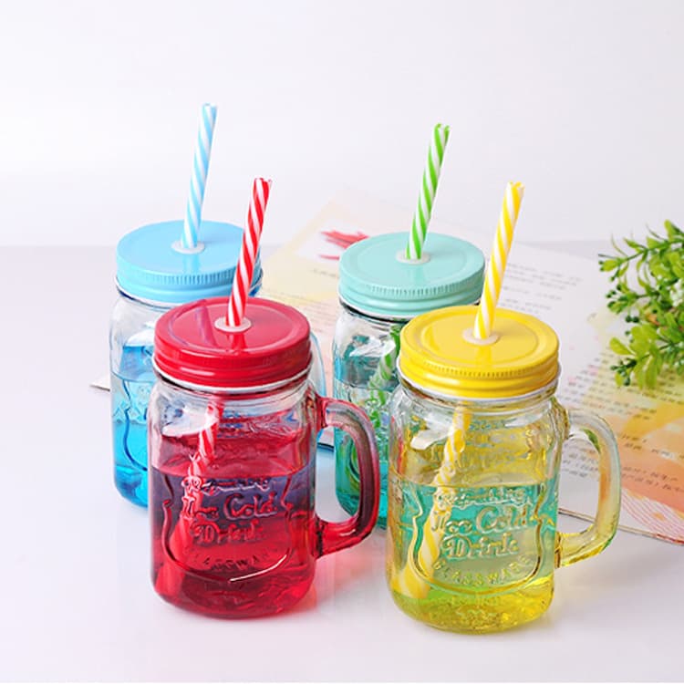 Manufacturer sells gradient color mason glass cup with straw handle cup creative juice cold drink cup retro rooster