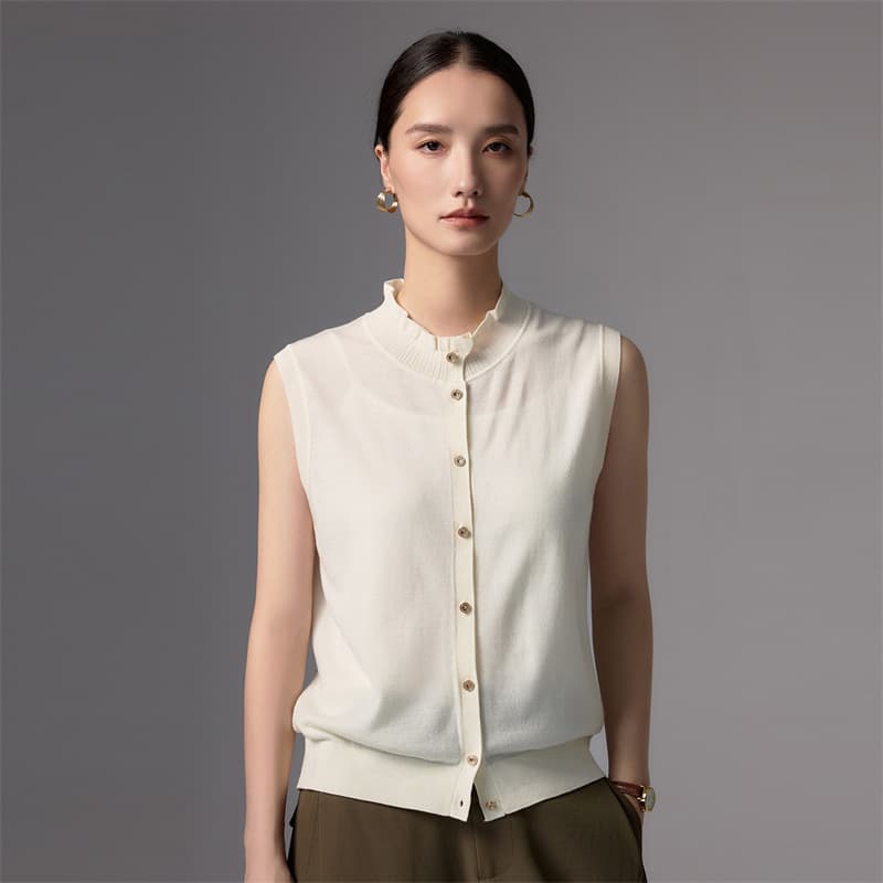 Pure Wool Round-Neck Ruffled Edge Vest Cardigan for Women, New Summer 2026 Sleeveless Layered Vest Top, Live Broadcast Cross-Border