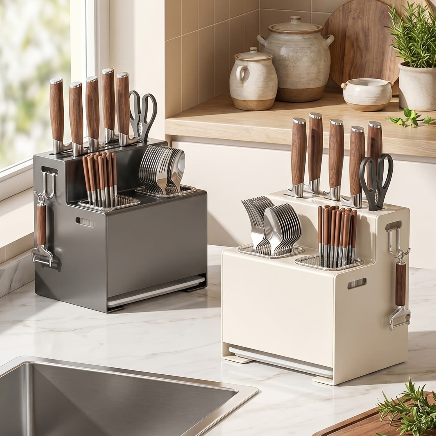 Knife Rack Storage Shelf Kitchen Countertop Multi-Functional Wall-Mounted Knife, Spoon, and Chopstick Holder Integrated Organizer