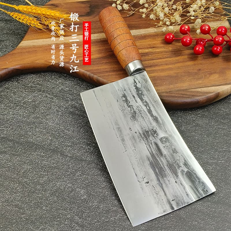 Blacksmith Forged No. 3 Jiujiang Curved Knife, Chopping Knife, Bone Cleaver, Commercial Kitchen Chef Knife for Chopping Roast Meat, Chicken, Goose, Duck