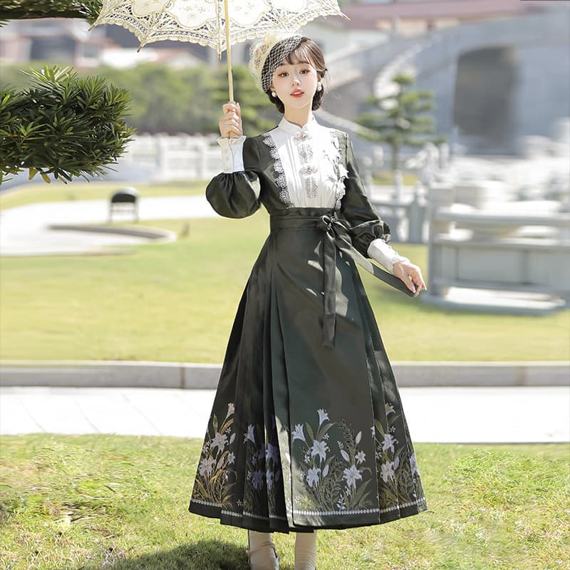 Original Lily Night Hanfu Women's Chinese Style Improved Han Element Top and Horse-face Skirt Set 8916