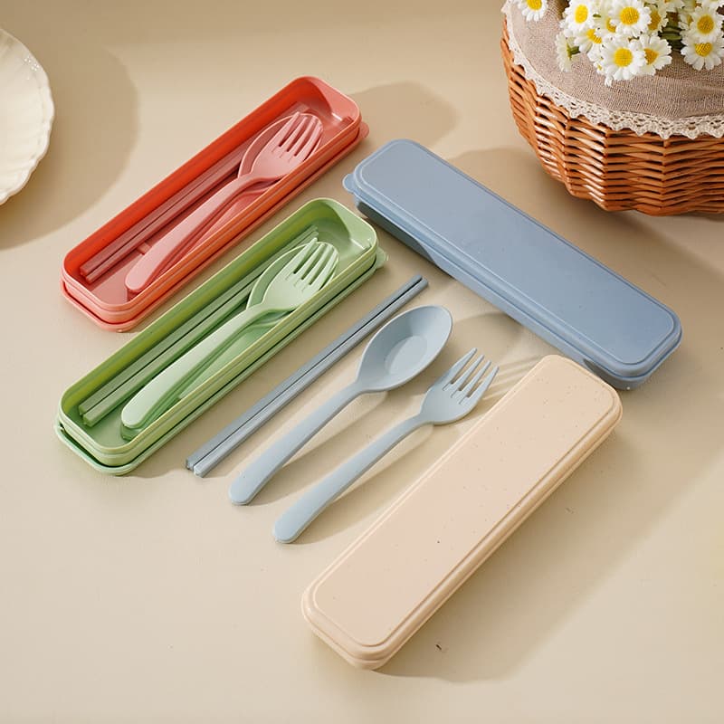Spoon Chopsticks Fork Three-Piece Set Wheat Straw Portable Plastic Utensils Student Travel Storage Utensil Box