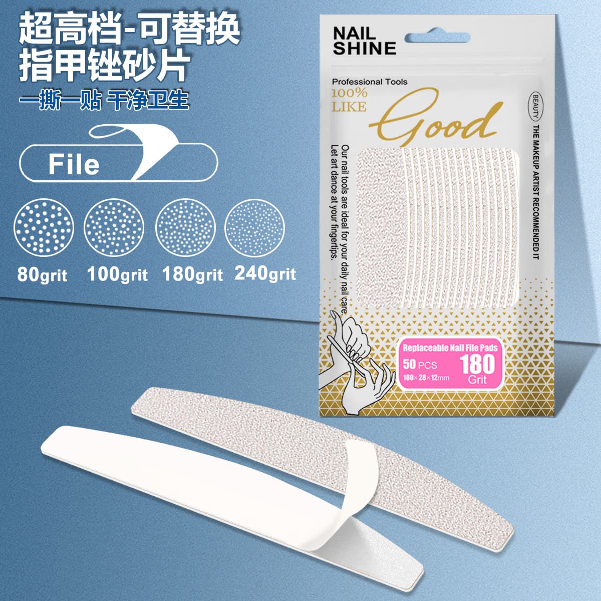 Cross-border spot tearable sponge file with replaceable sand blades, stainless steel core steel blades, half-moon nail file, black sand blades