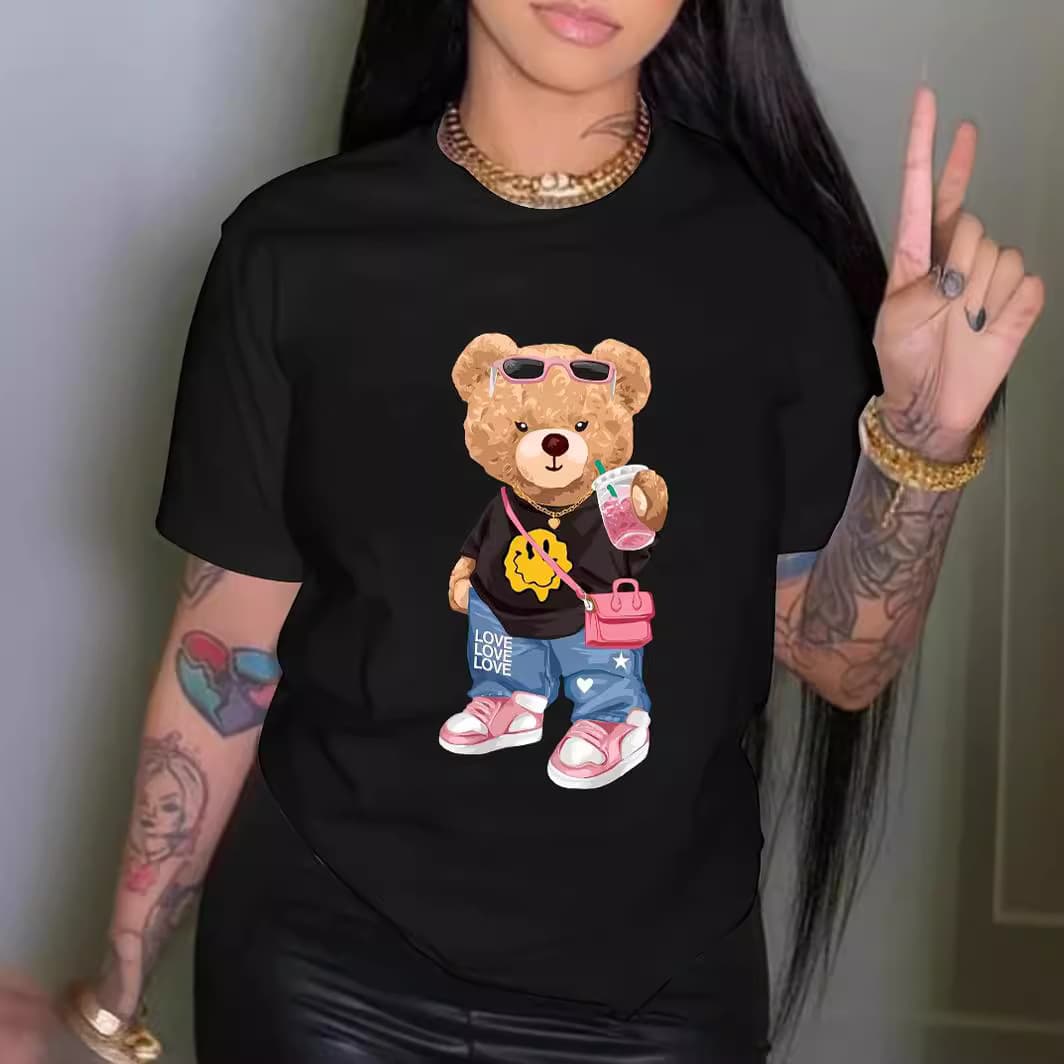 Cool Bear Print T-Shirt Round Neck Short Sleeve Casual Top for Women Summer Fashion Milk Silk Polyester Fabric Cartoon Pattern