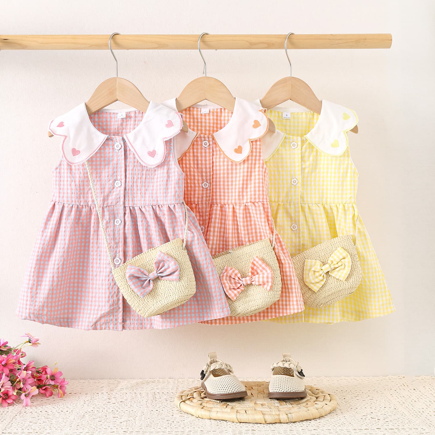 1076 foreign trade children's clothing wholesale girls summer Plaid love dress summer thin skirt bamboo basket satchel