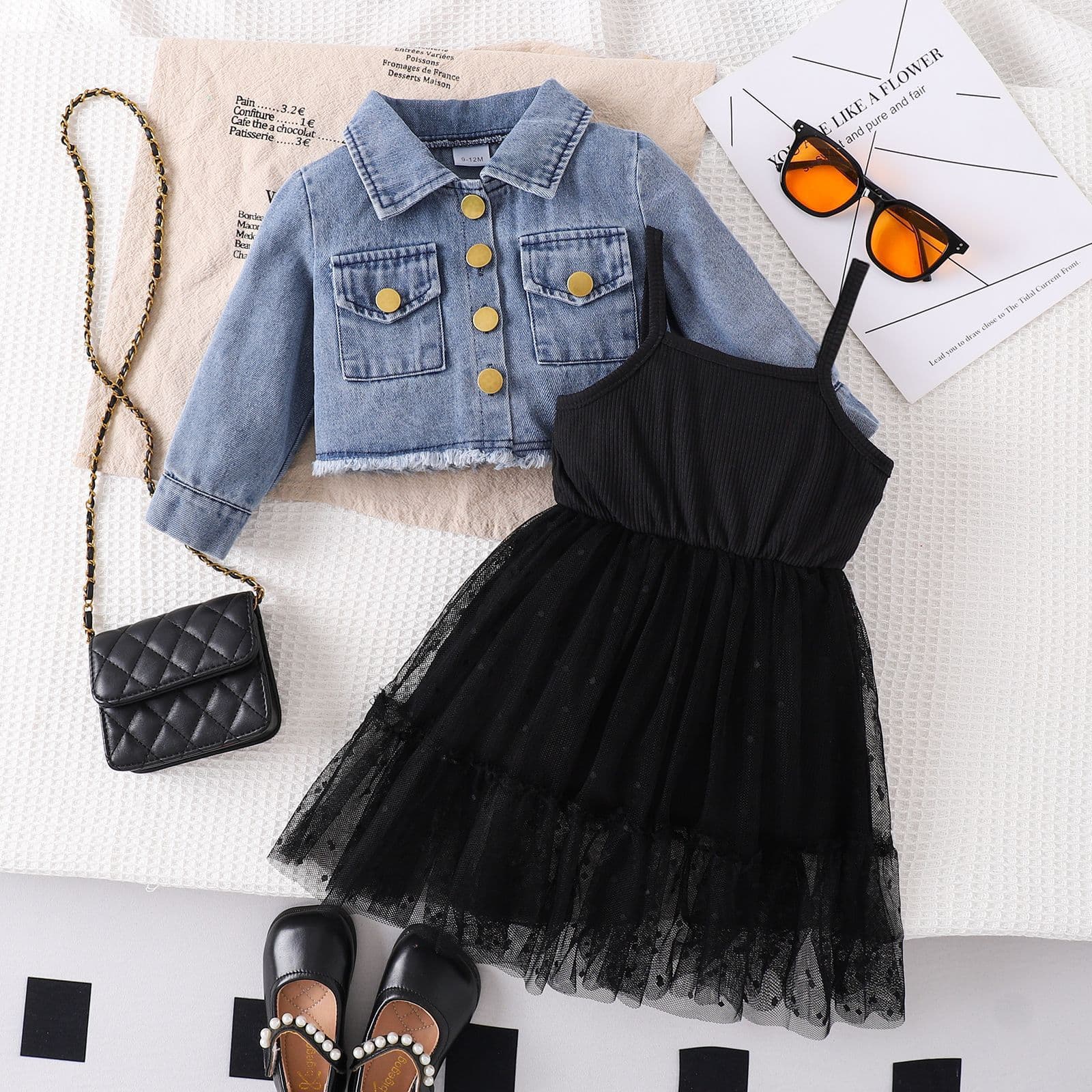 2025ins European and American children's denim dress autumn two-piece set spring and autumn new children's gauze skirt suit