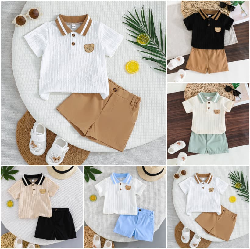 Cross-border Exclusive—Infant & Toddler Spring-Summer Set Short-sleeve Polo Shirt + Solid Color Shorts Fashion Casual Two-piece Set