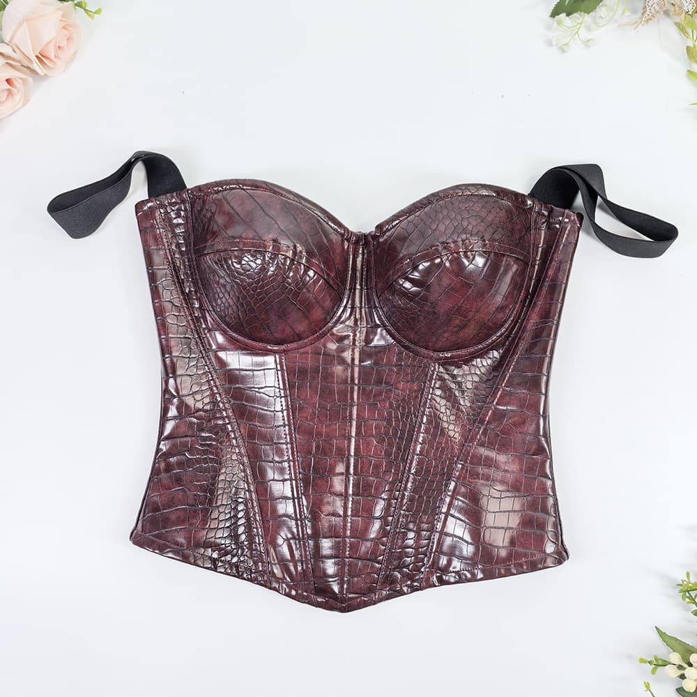 Crocodile-patterned PU leather mini skirt set, sexy glossy patent leather high-end shaping top with strong tummy control and fishbone bra.