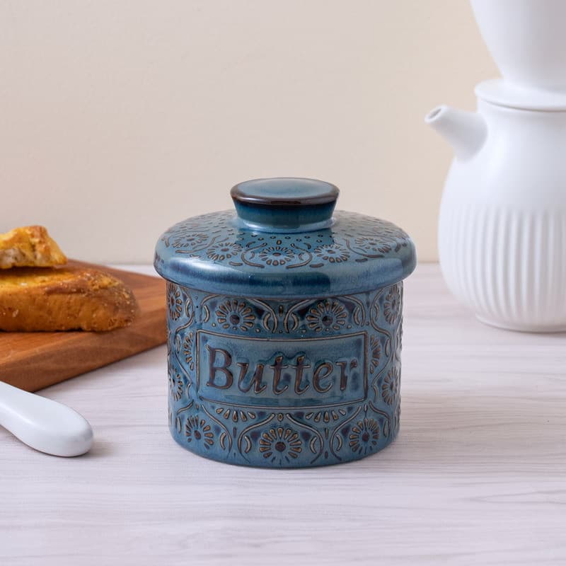 Cross-border Exclusive Retro Glaze-change Ceramic Butter Pot, Deep Blue Glazed with Lid and Embossed Design for Cheese Storage