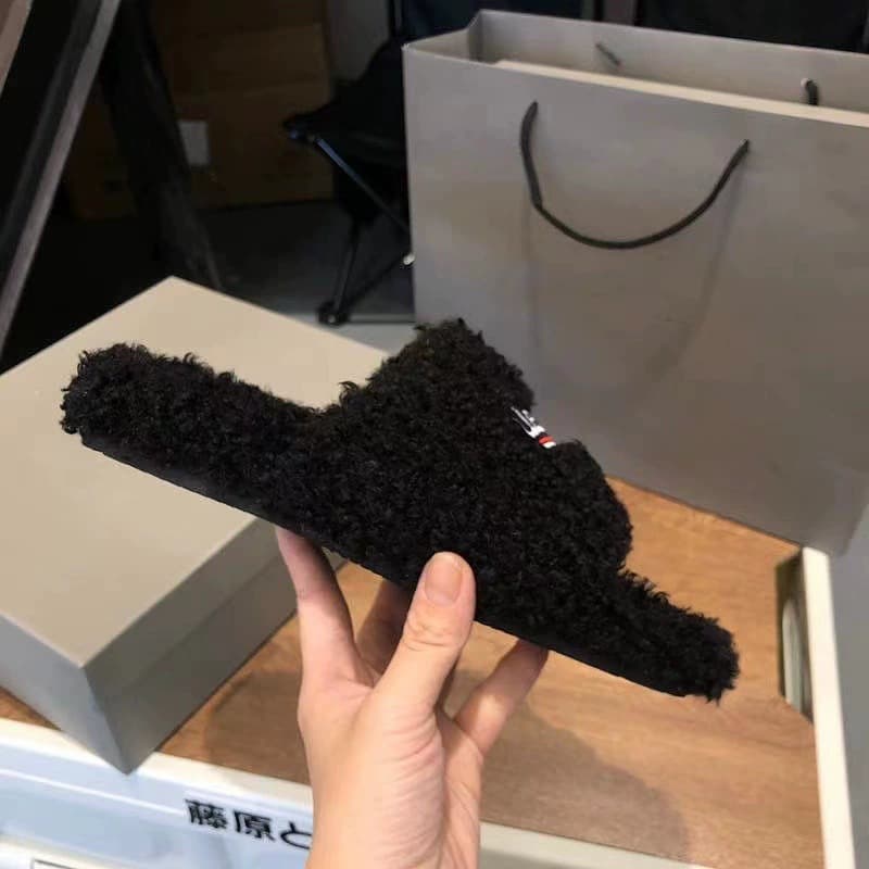 Paris Fuzzy Slippers for Women, Letter Embroidery Thick Sole Slippers, Lamb Wool Flat Slide Sandals