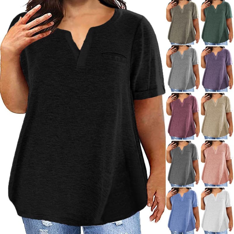 Export Style Women's Fashion 2025 Spring Summer New Solid Color V-Neck Short Sleeve Pocket Loose T-Shirt