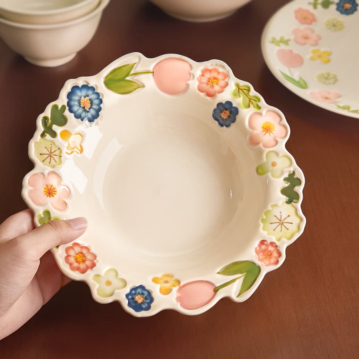 French-Style Embossed Bowl and Plate Set, Ceramic Tableware, Yogurt Bowl, Household Bowl and Plate, High-End Dessert Plate, Salad Plate