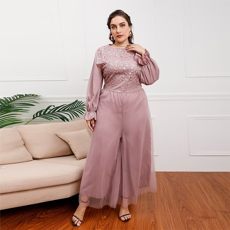 Elegant Long Sleeve Polyester Fiber Gown with Zipper High Waist Loose Wide Leg Mesh Pants Luxury Fashionable One-Piece Suit