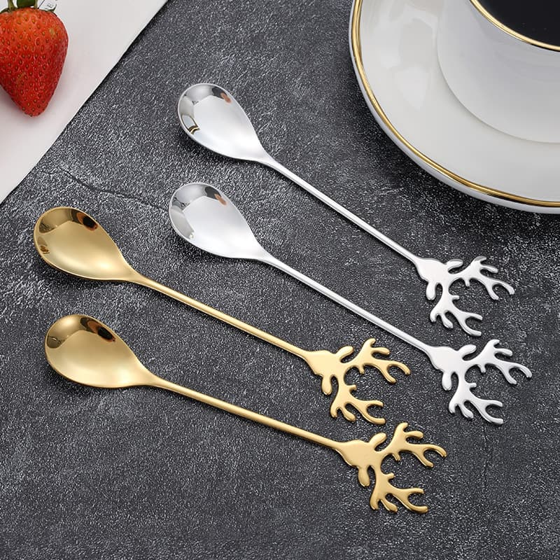 Cross-border Christmas reindeer stainless steel spoon, gold coffee stirrer, creative dessert gift spoon