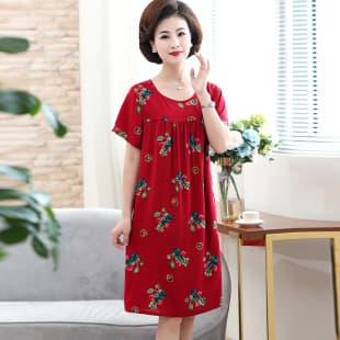 Summer Stall Rayon Cotton Silk Pajamas Middle-aged and Elderly Adults Short Sleeve Nightgown Pregnant Women Plus Size Dress Drop Shipping