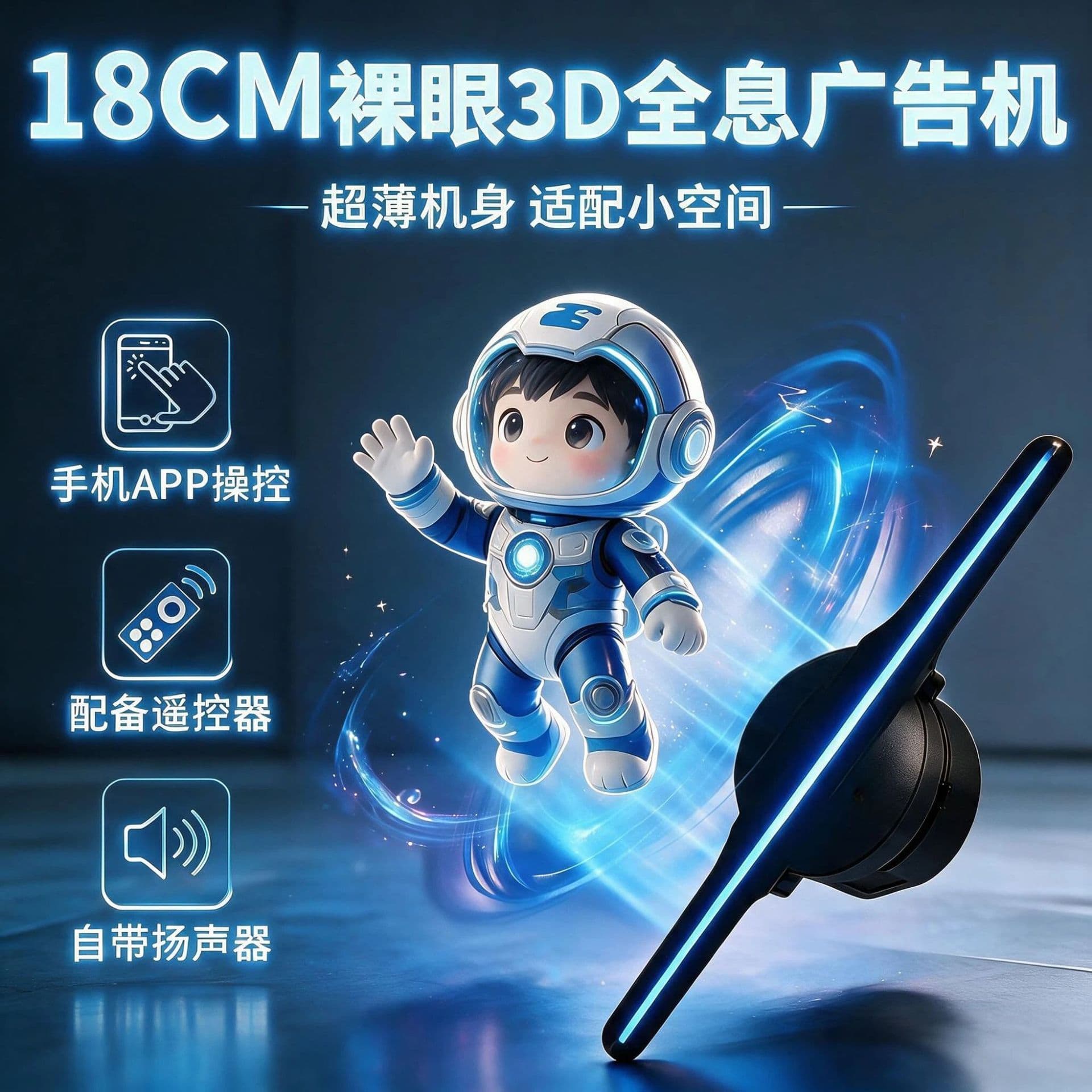 18CM Mini HD Glasses-Free 3D Holographic Fan Advertising Display LED Aerial Stereoscopic Imaging Mini Screenless Projector