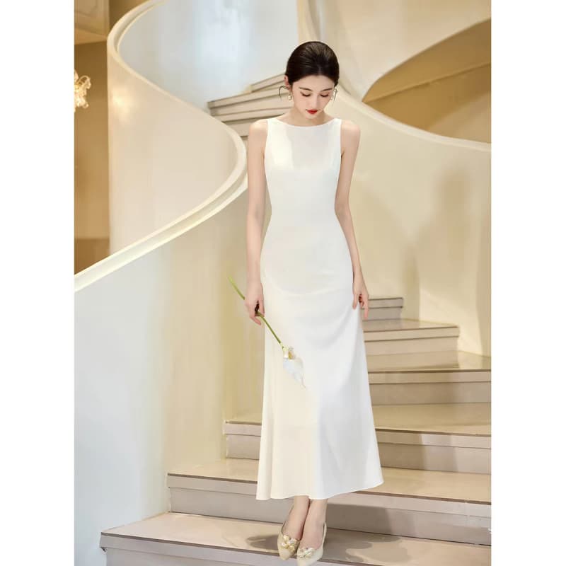 French Elegance White Dress for Registration, Petite Wedding Gown for Women, Engagement Dress, Toast Dress