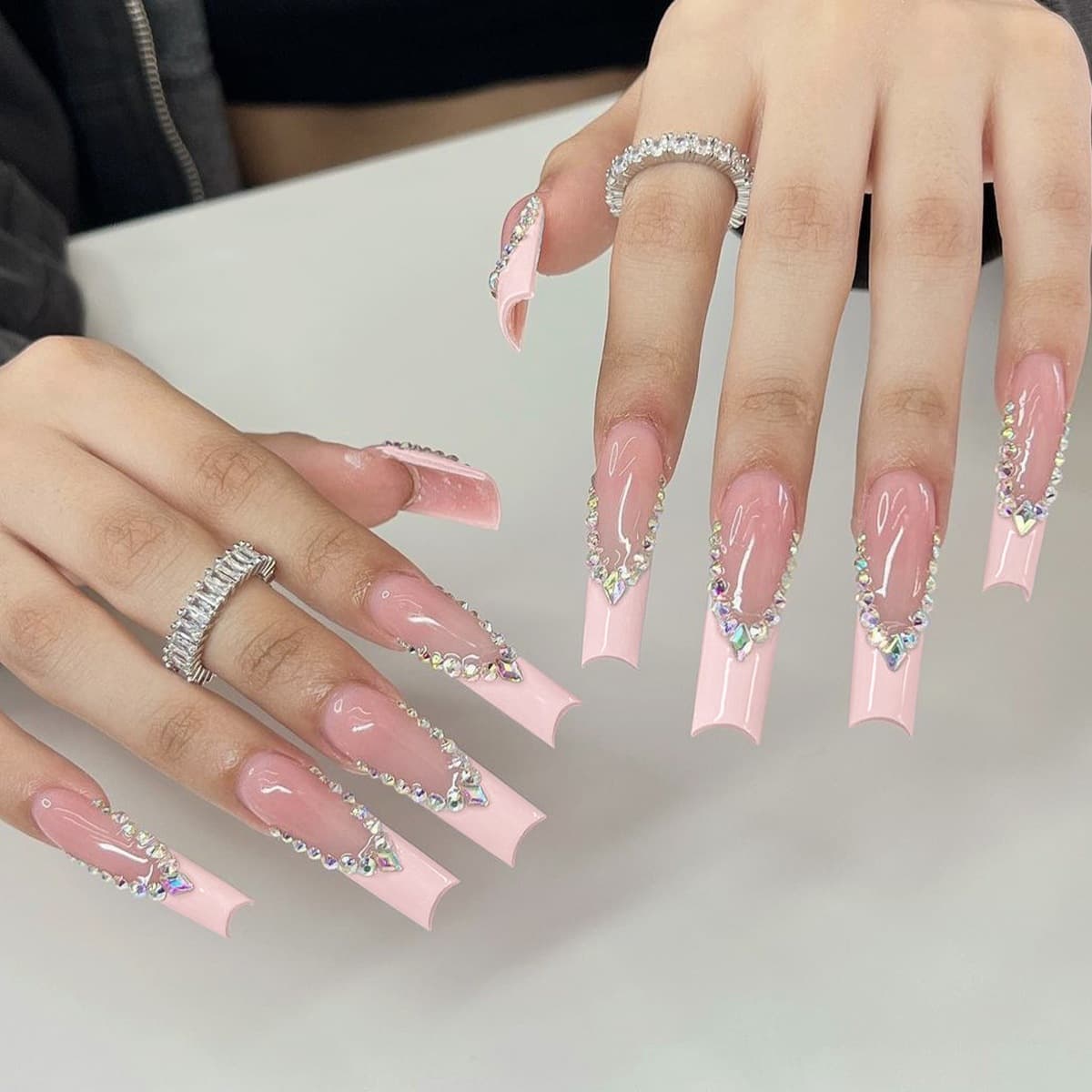 Extra Long Square Removable Rhinestone French Long Tube Cross-Border Nail Tips Finished Nails