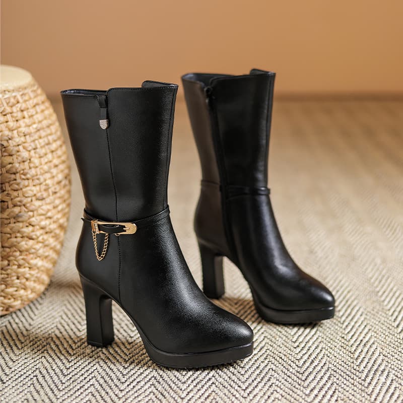 Women's Mid-Calf Heeled Boots 2025 New Spring Autumn Single Boots Half Boots Elegant Middle-Aged Women's Boots Fleece-Lined Mother's Leather Boots
