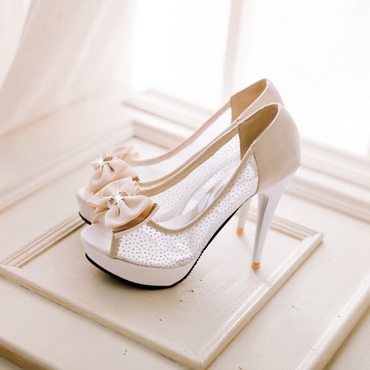 2021 Summer Women's High Heel Thin Heel Platform Peep Toe Sandals with Bow, Thick Sole, Mesh, White, Versatile