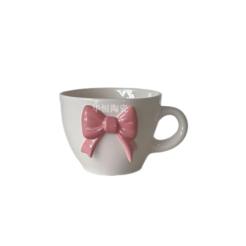 Factory Customized Bow Ceramic Coffee Cup Cross-Border Hot Selling Pink Bow Ceramic Milk Cup Mug
