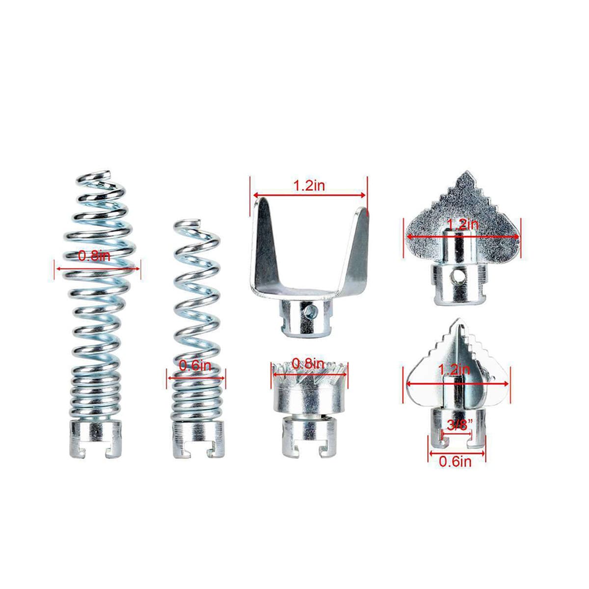 7-piece drain cleaning machine set with cutter head, spring, automatic head, locking head/gear/cutter combination.