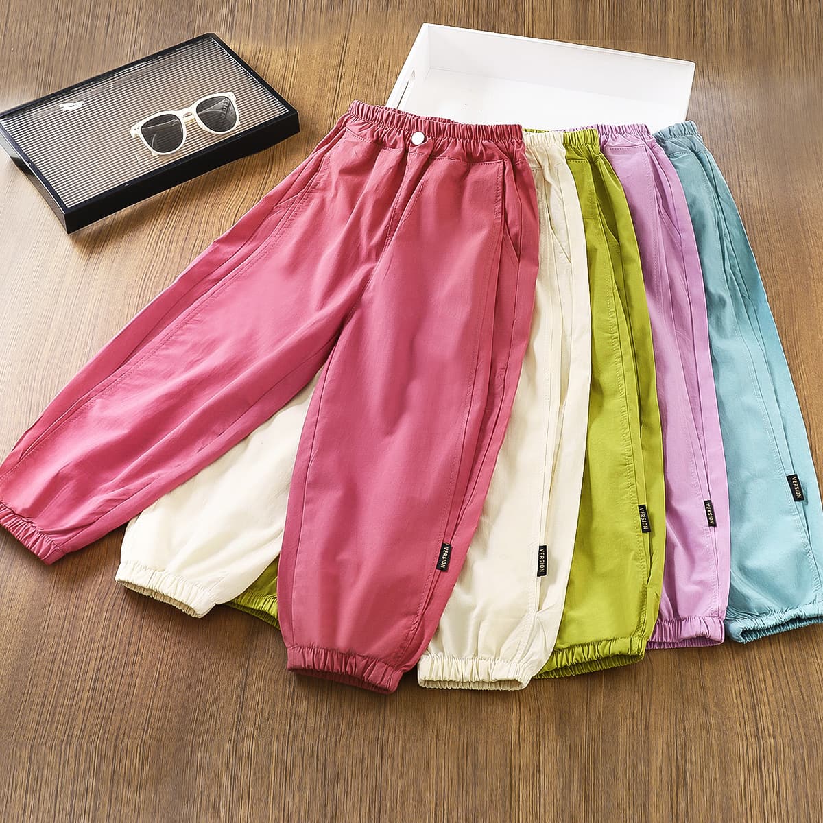 2026 Cotton Summer Thin Girl Solid Color Side Loose Casual Cargo Pants Kids Baby Tapered Dad Pants