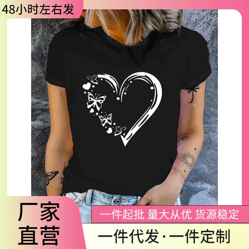 Butterfly heart-shaped printed round neck T-shirt, casual short-sleeved summer top, cross-border foreign trade women's 3-piece T-shirt