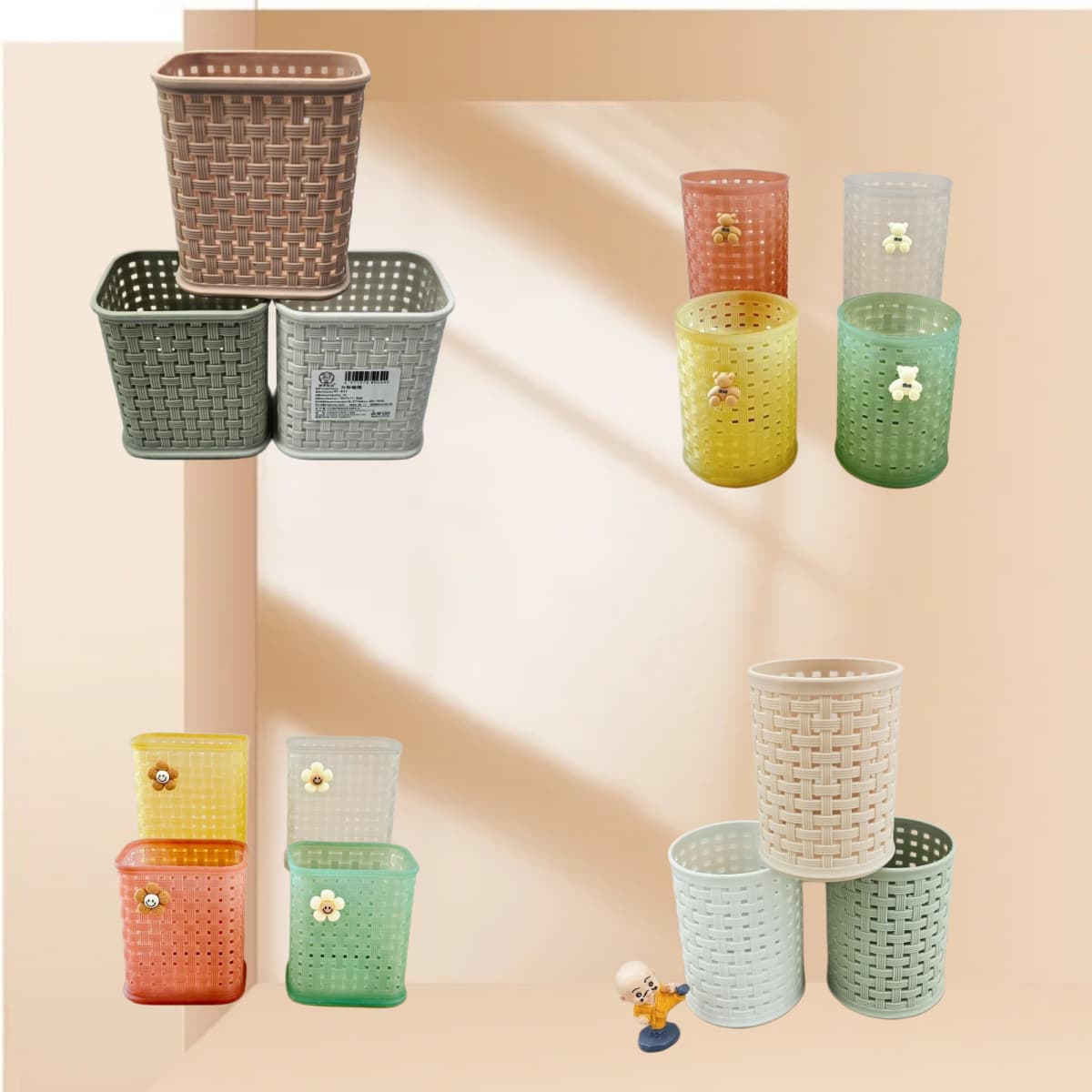 Wholesale office storage bucket pen holder transparent square and round pen holder household makeup brush storage basket plastic pen holder