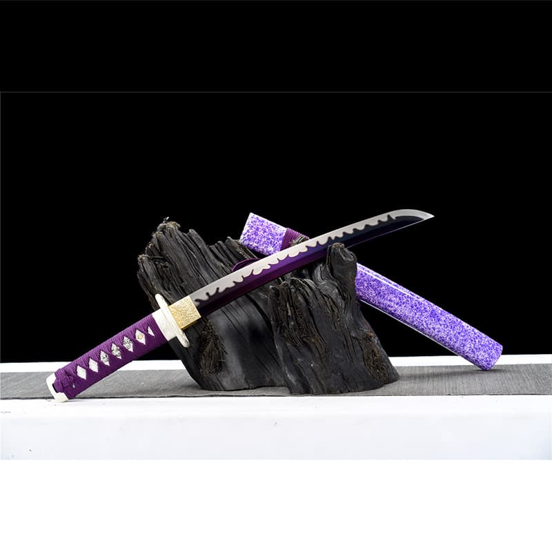 Longquan Sword Manganese Steel Forged Wakizashi with Polished White Edge, Double Line Leaf Pattern Short Katana, Roasted Purple, Unsharpened