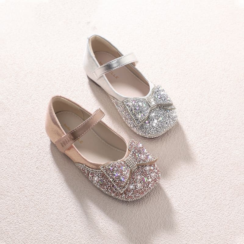 Girls' Leather Shoes 2024 Spring/Autumn Stylish Versatile Baby Girl's Little Princess Shoes, Crystal Shoes Flats Elsa Soft Sole Children's