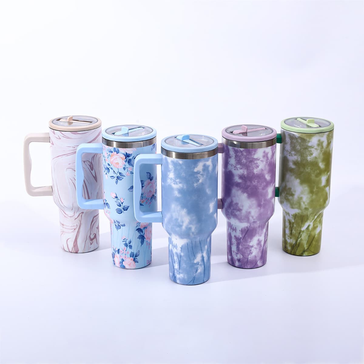 Printed Tie-Dye Style Stainless Steel Ice Cup 40oz Portable Car Cup with Straw Large Capacity Thermos Cup