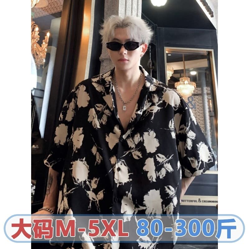 Hong Kong Style Plus-Size Floral Shirt Men's Open-Collar Full Floral T-Shirt Couple Matching Casual Drop-Shoulder Lazy Top Trendy