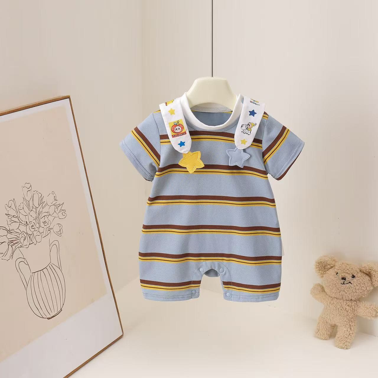 Summer New Cartoon Personality Striped Short Sleeve Jumpsuit Cape Korean Style Cute Romper Bodysuit Outfit