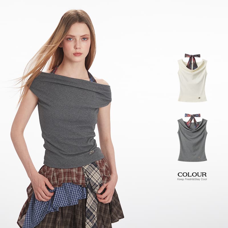 HeyHenry European and American Pure Desire Style Draped Neckline One-Shoulder Bow Design T-Shirt Women's Sensual Collarbone-Revealing Top