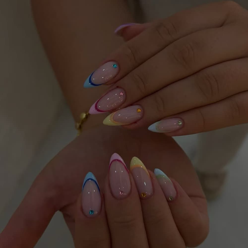 Macaron Color Edge French Almond Nails Nude Lines Mini Rhinestones Long Stiletto Nails Sweet Rainbow Outlined French Nails