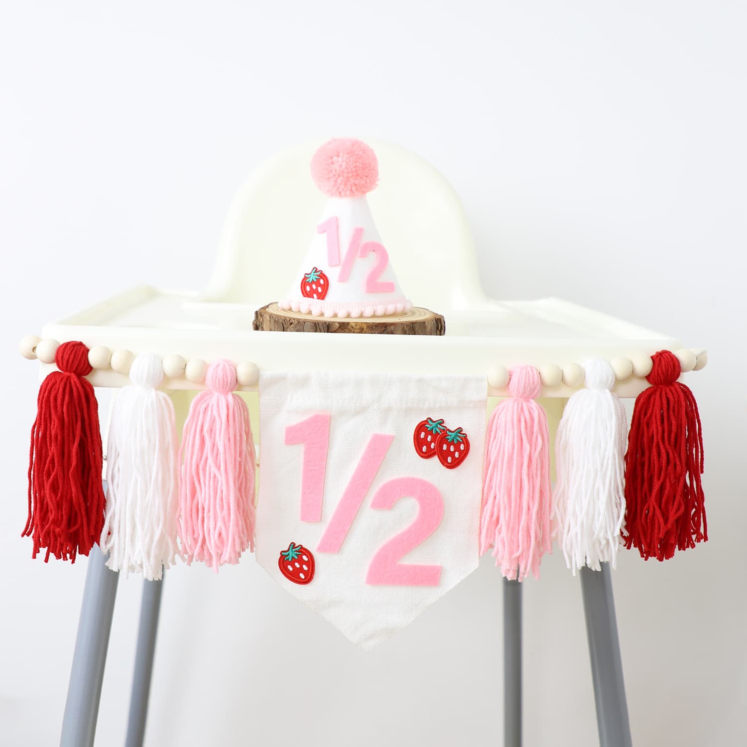 Bohemian wooden bead tassel banner, strawberry half birthday cone hat, party birthday decoration photo props