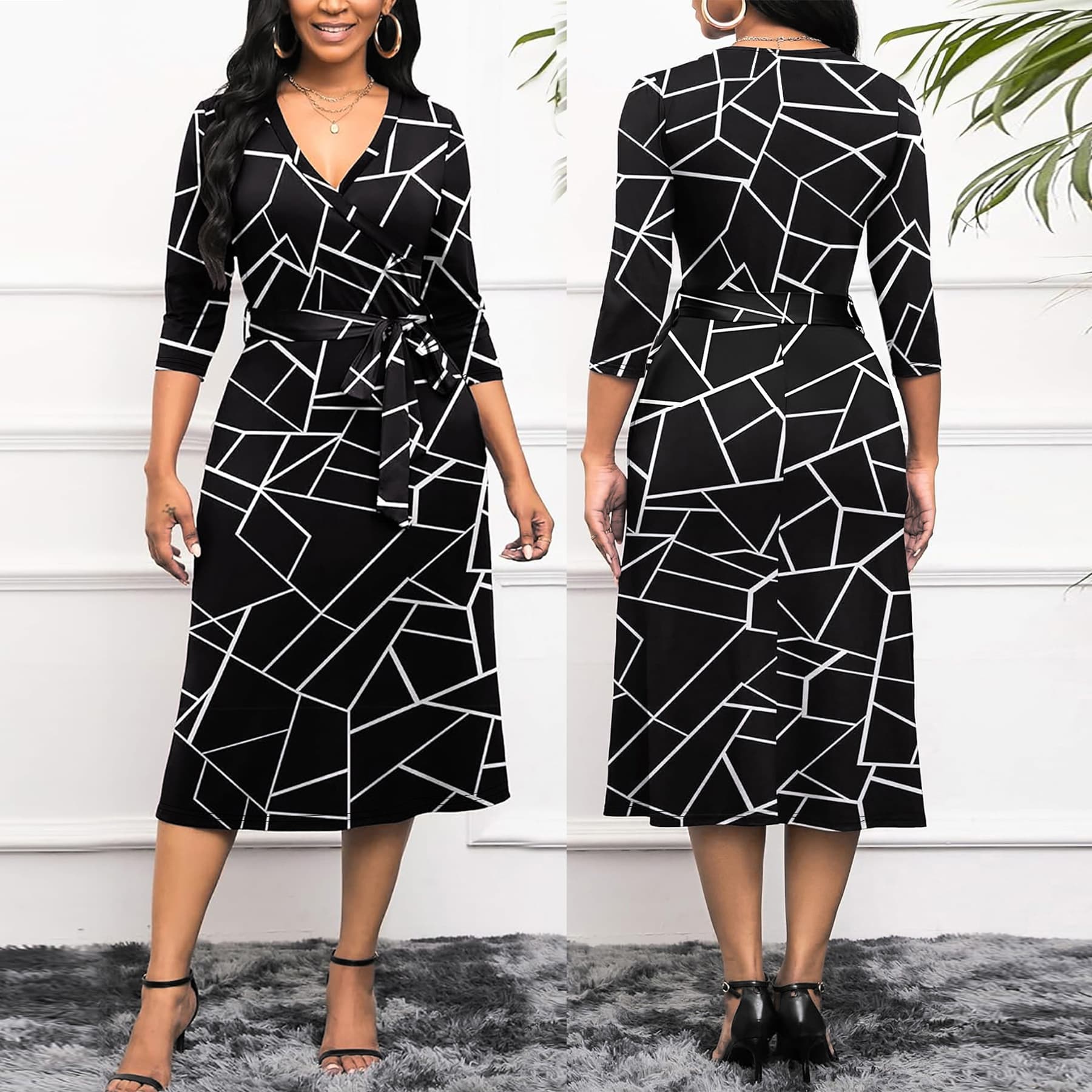 Elegant Commute V-neck Long Sleeve Dress Geometric Print Midi Dress Polyester Spandex Blend Adult Women's Fashion Dress